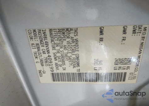 2022 Nissan Altima S Fwd z USA, uszkodzony, nr VIN 1N4BL4BVXNN409199